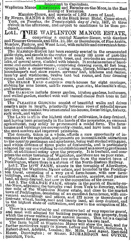 Sale of Waplington Manor 1857